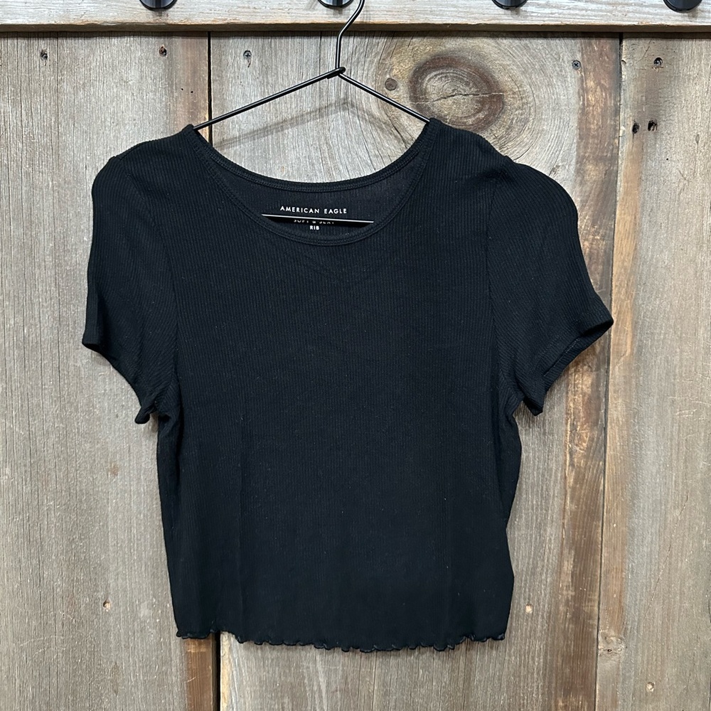 American Eagle Soft & Sexy Ribbed Baby Tee in Black Size Small